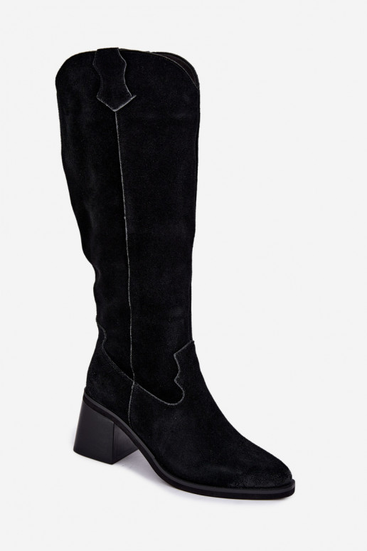 Schwarze Kunstveloursleder-Kniehohe Stiefel im Cowboy-Stil mit Absätzen Vinceza 133103