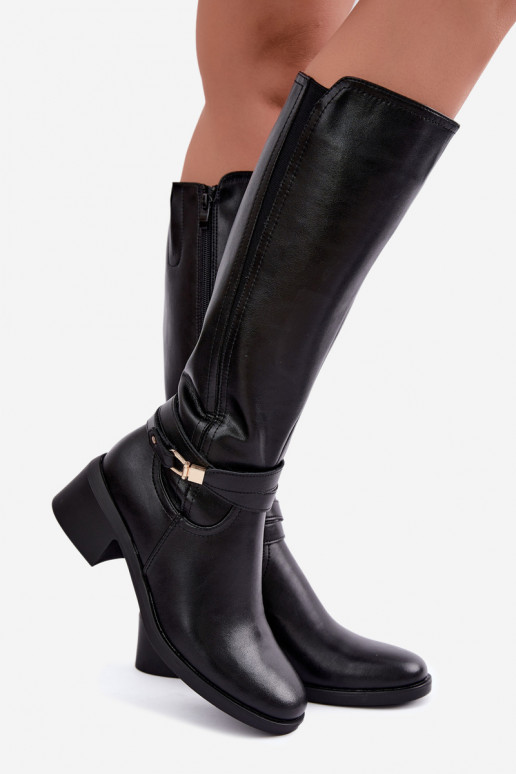 Warmes Leder-Kniehohe Stiefel mit dekorierten Absätzen Sergio Leone KZ-13 schwarz