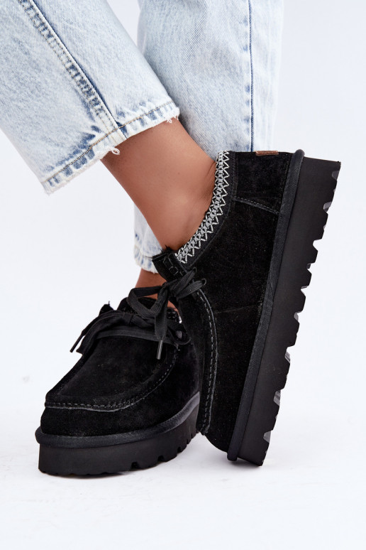 Kunstveloursleder Schneestiefel mit gestickten Elementen D7868-01 schwarz