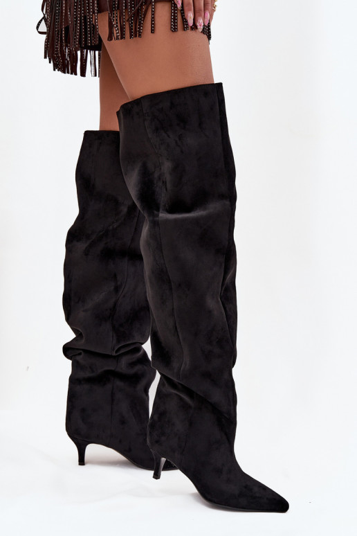 Slip-On Damen Über-Knie-Stiefel mit dünnen Absätzen in Schwarz Ysolienne