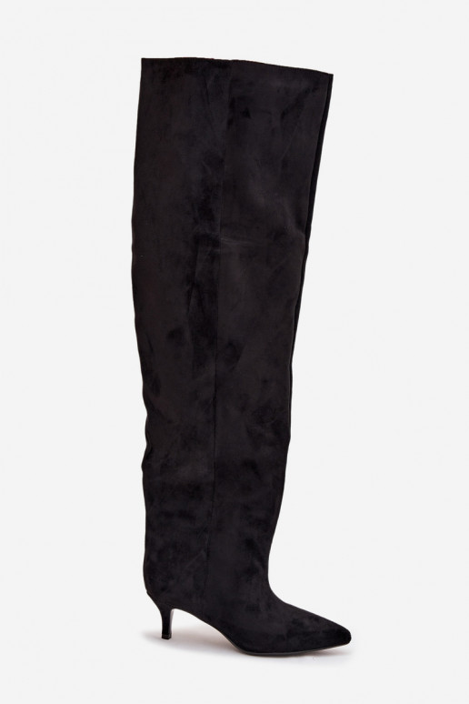 Slip-On Damen Über-Knie-Stiefel mit dünnen Absätzen in Schwarz Ysolienne