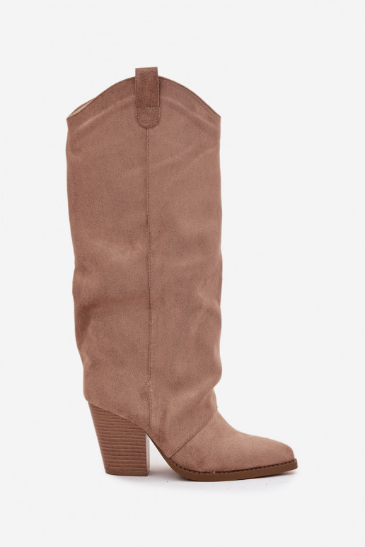 Isolierte Über-Knie-Stiefel im Cowboy-Stil mit Absatz, aus Kunstveloursleder, in Sandfarbe