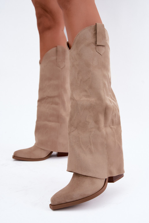 Damen kniehohe Cowboy-Stiefel mit Absatz und besticktem Schaft in sandfarben Terise