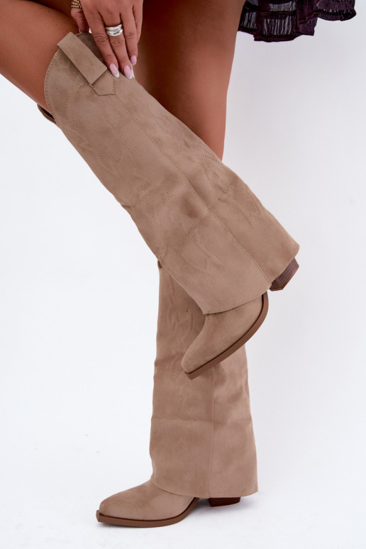 Damen kniehohe Cowboy-Stiefel mit Absatz und besticktem Schaft in sandfarben Terise
