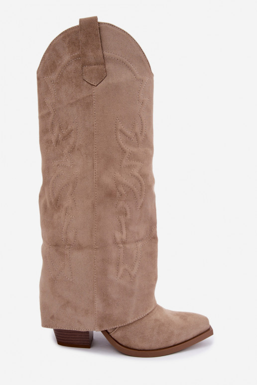 Damen kniehohe Cowboy-Stiefel mit Absatz und besticktem Schaft in sandfarben Terise