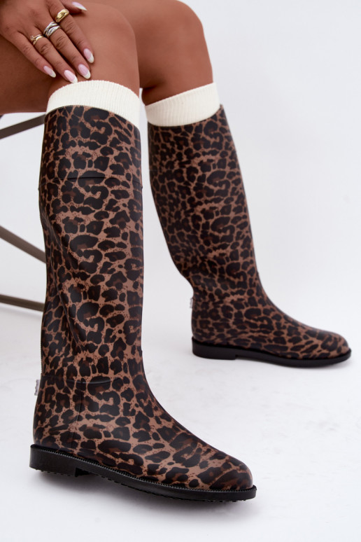 Damen hohe Gummistiefel mit breiten Absätzen und Leopardenmuster in schwarzer Farbe Melianne