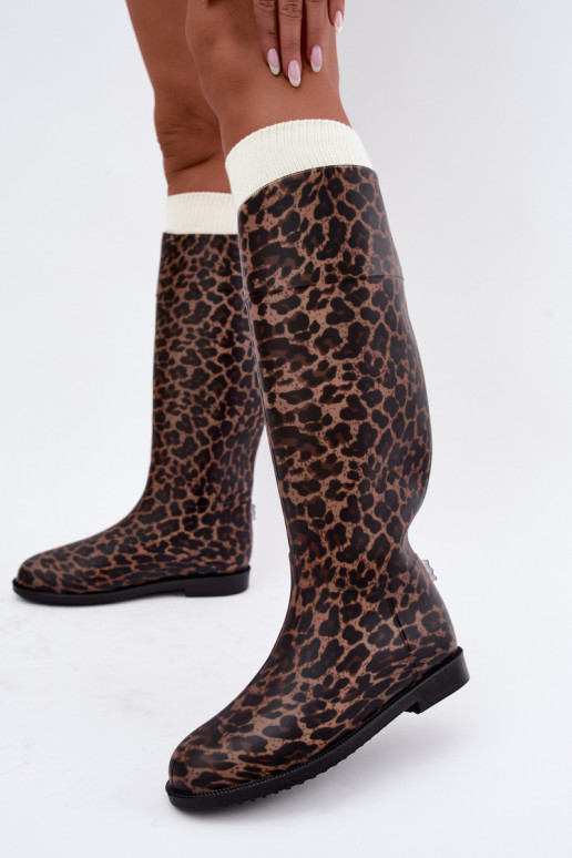 Damen hohe Gummistiefel mit breiten Absätzen und Leopardenmuster in schwarzer Farbe Melianne