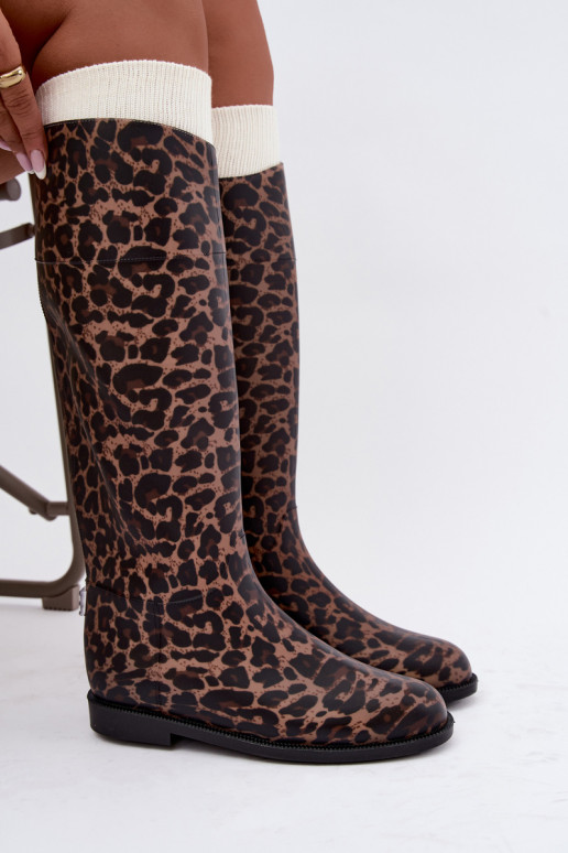 Damen hohe Gummistiefel mit breiten Absätzen und Leopardenmuster in schwarzer Farbe Melianne