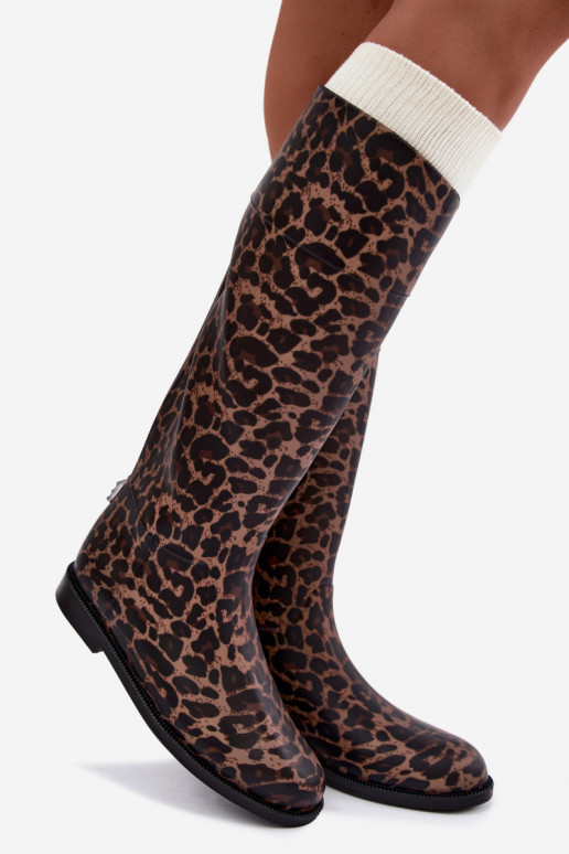 Damen hohe Gummistiefel mit breiten Absätzen und Leopardenmuster in schwarzer Farbe Melianne
