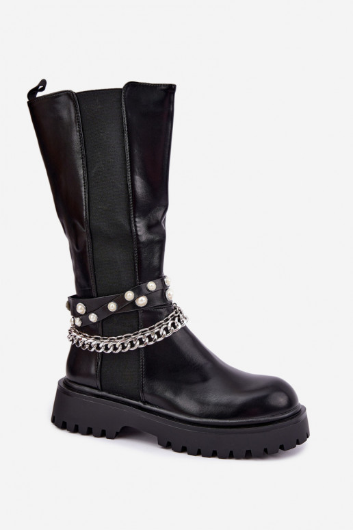 Wärmende kniehohe Stiefel mit Plateau und Ketten in Schwarz Doremi
