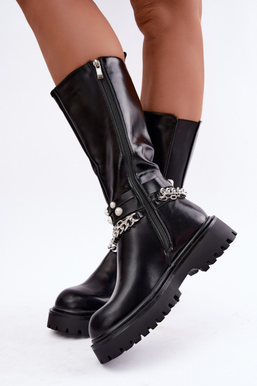 Wärmende kniehohe Stiefel mit Plateau und Ketten in Schwarz Doremi