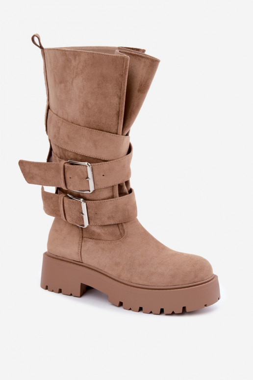 Wärmende kniehohe Stiefel mit Plateau und Schnallen in Sandfarbe Palomae