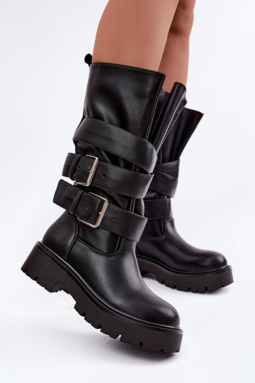 Wärmende kniehohe Stiefel mit Plateau und Schnallen in Schwarz Palomae