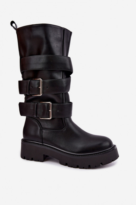 Wärmende kniehohe Stiefel mit Plateau und Schnallen in Schwarz Palomae