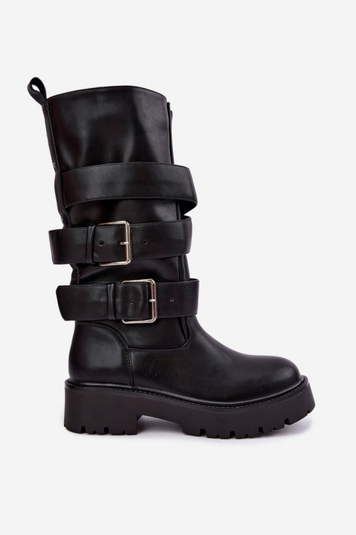 Wärmende kniehohe Stiefel mit Plateau und Schnallen in Schwarz Palomae