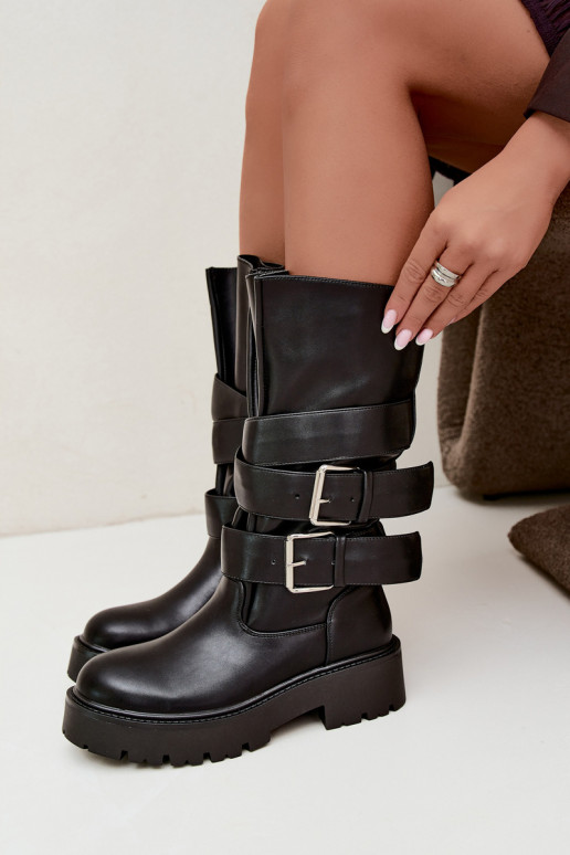 Wärmende kniehohe Stiefel mit Plateau und Schnallen in Schwarz Palomae