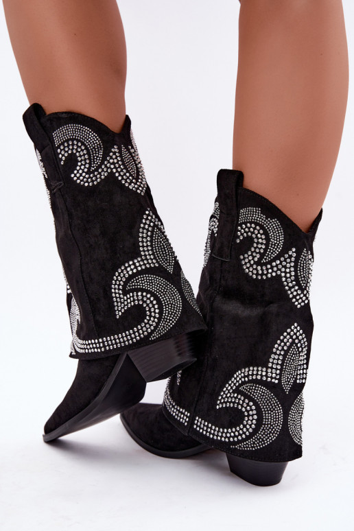 Dekorierte Stiefeletten im Cowboy-Stil mit Absätzen in Schwarz Irvena