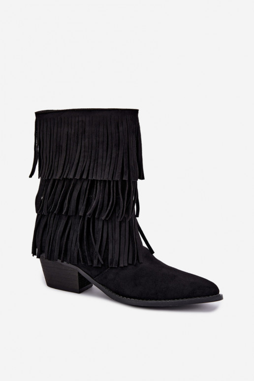 Cowboy-Stil Stiefeletten mit Fransen und Absätzen in Schwarz Lunia