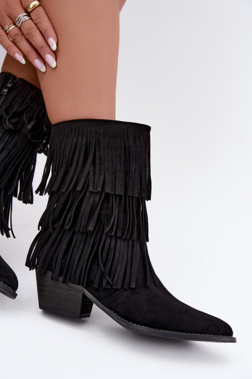 Cowboy-Stil Stiefeletten mit Fransen und Absätzen in Schwarz Lunia