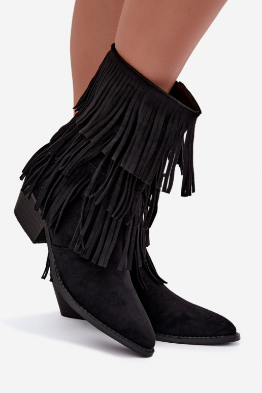 Cowboy-Stil Stiefeletten mit Fransen und Absätzen in Schwarz Lunia