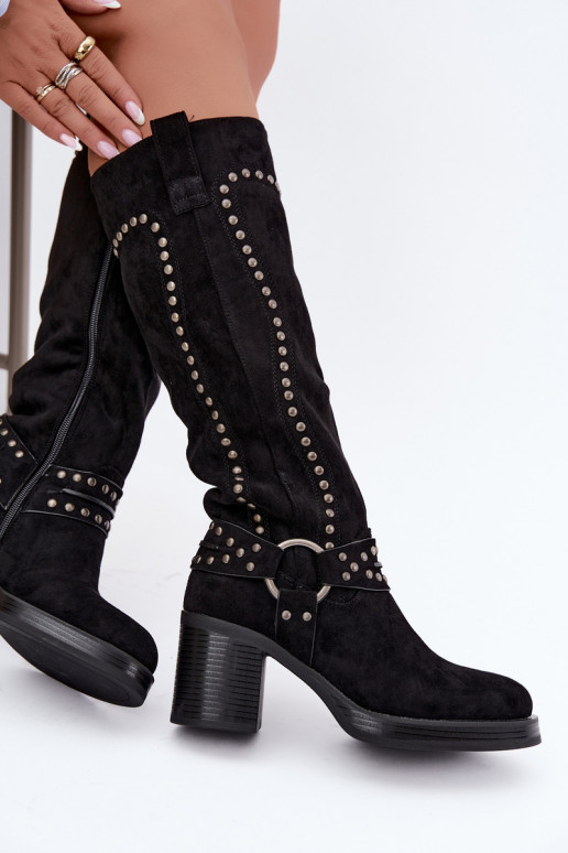 Wärmende kniehohe Stiefel mit Absätzen und Dekoration in Schwarz Bellune