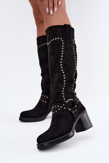 Wärmende kniehohe Stiefel mit Absätzen und Dekoration in Schwarz Bellune 2