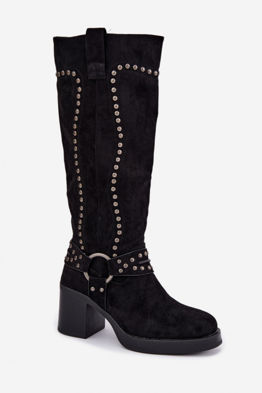 Wärmende kniehohe Stiefel mit Absätzen und Dekoration in Schwarz Bellune