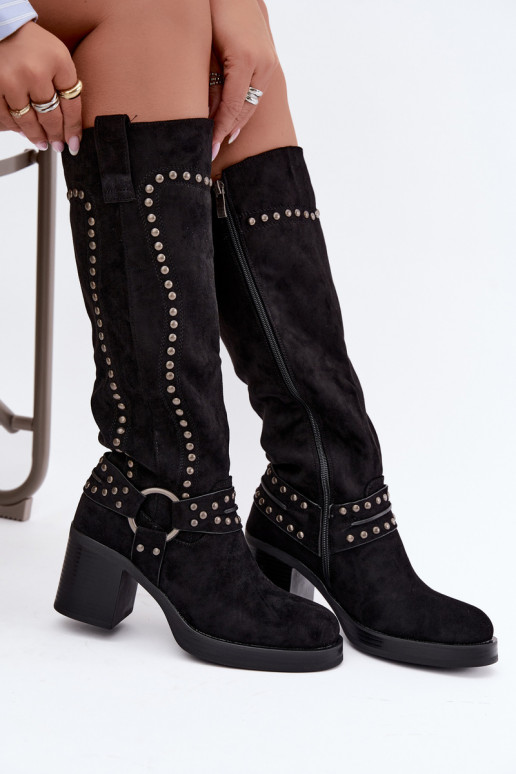 Wärmende kniehohe Stiefel mit Absätzen und Dekoration in Schwarz Bellune