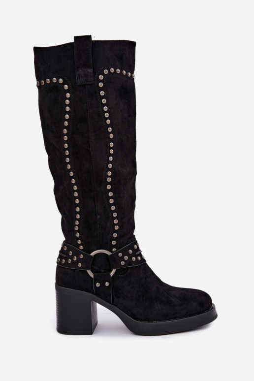 Wärmende kniehohe Stiefel mit Absätzen und Dekoration in Schwarz Bellune
