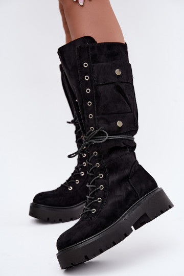 Wärmende kniehohe Stiefel mit Plateau und Schnürsenkeln in Schwarz Cressida 2