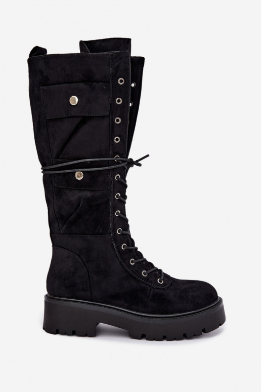 Wärmende kniehohe Stiefel mit Plateau und Schnürsenkeln in Schwarz Cressida