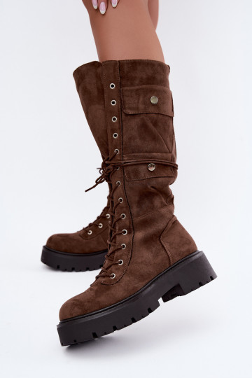 Wärmende kniehohe Stiefel mit Plateau und Schnürsenkeln in Braun Cressida 2