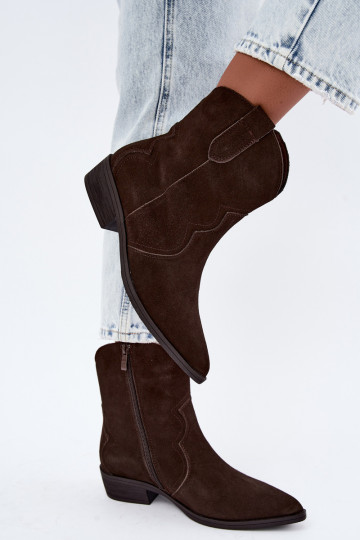 Schokoladenfarbene Wildleder-Cowboy-Stiefel mit niedrigem Absatz Delsa