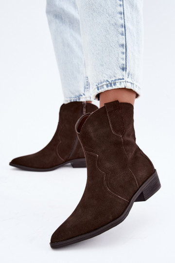 Schokoladenfarbene Wildleder-Cowboy-Stiefel mit niedrigem Absatz Delsa 2