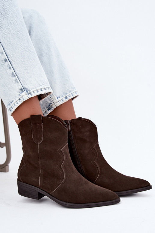 Schokoladenfarbene Wildleder-Cowboy-Stiefel mit niedrigem Absatz Delsa
