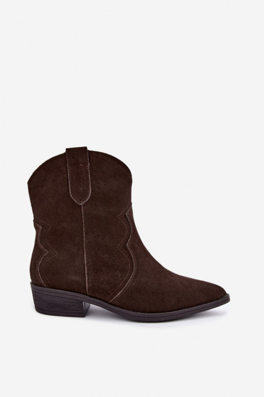 Schokoladenfarbene Wildleder-Cowboy-Stiefel mit niedrigem Absatz Delsa