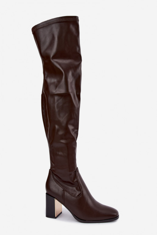 Schokoladenfarbene Überknie-Stiefel mit Absatz Primelle