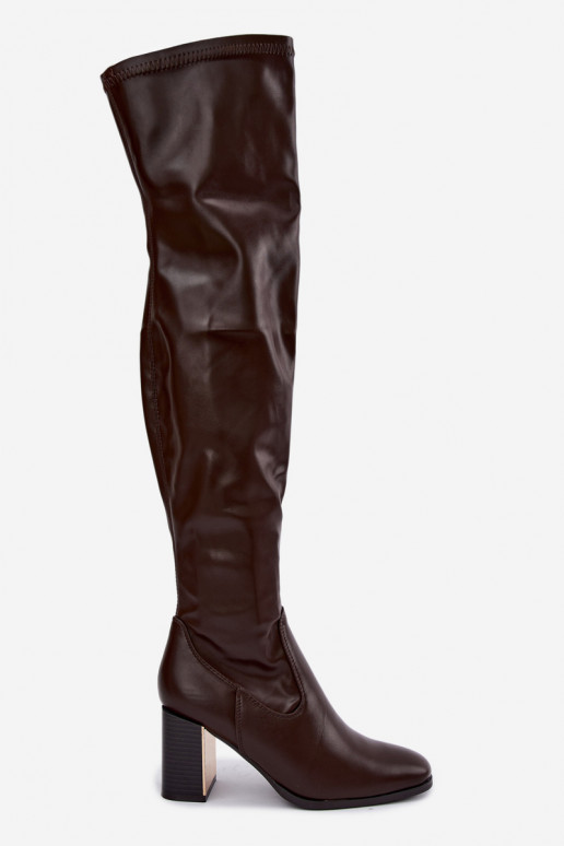 Schokoladenfarbene Überknie-Stiefel mit Absatz Primelle