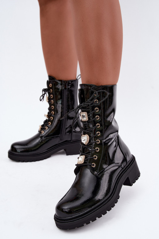 Warme Damen-Stiefeletten mit Lackeffekt in Schwarz Corisande