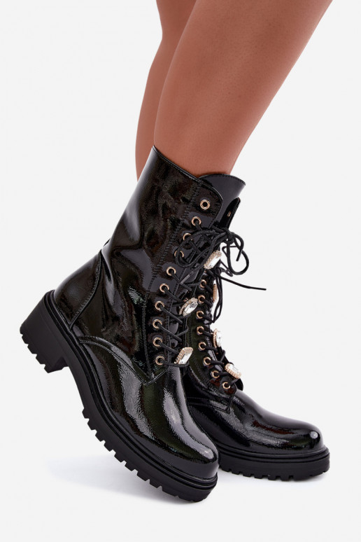 Warme Damen-Stiefeletten mit Lackeffekt in Schwarz Corisande