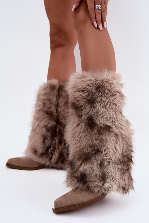 Sandfarbene warme Überknie-Stiefel mit Fell Saphielle