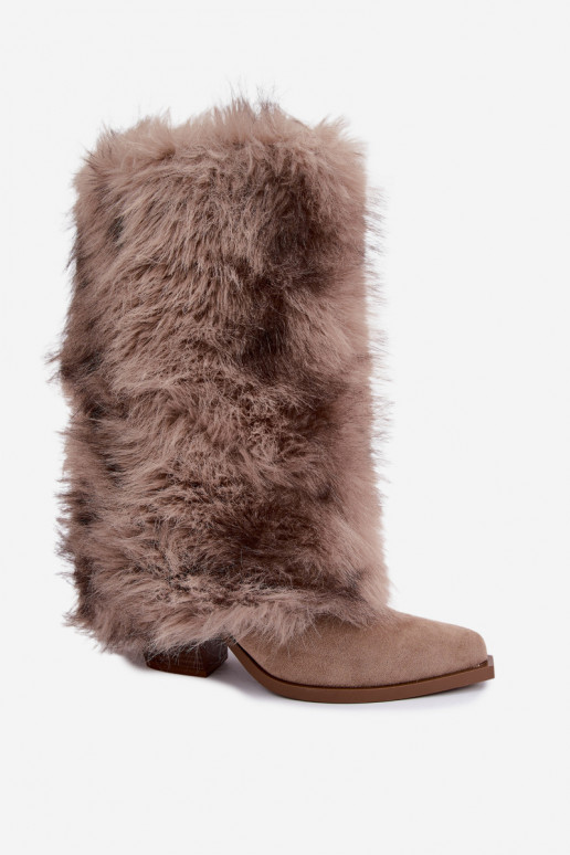 Sandfarbene warme Überknie-Stiefel mit Fell Saphielle