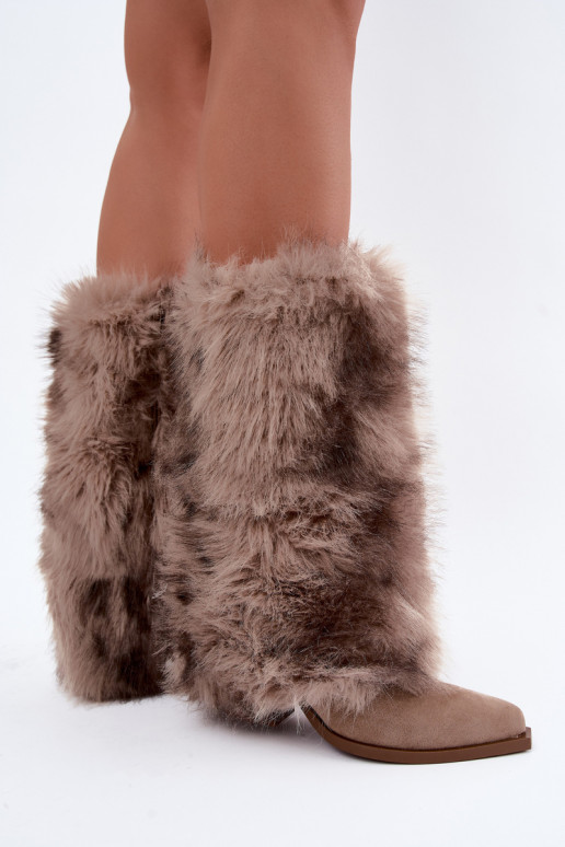 Sandfarbene warme Überknie-Stiefel mit Fell Saphielle