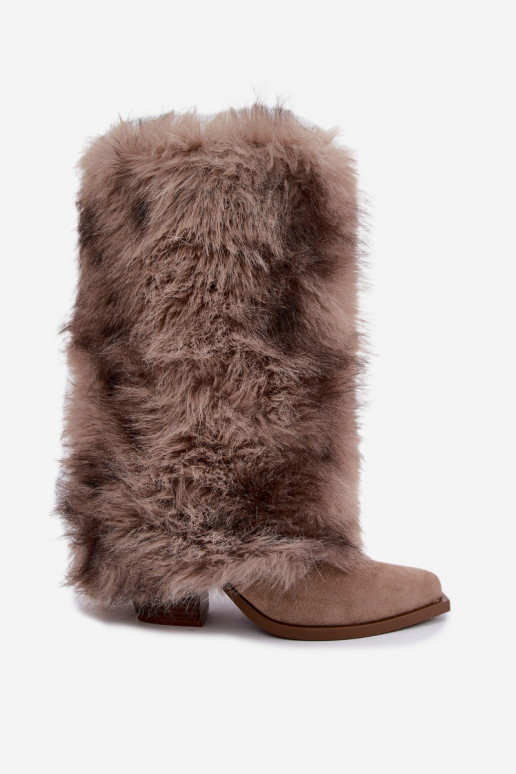 Sandfarbene warme Überknie-Stiefel mit Fell Saphielle
