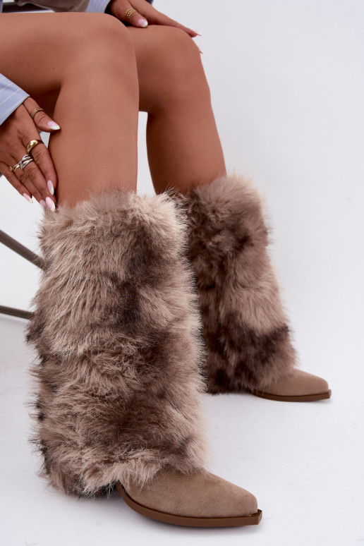 Sandfarbene warme Überknie-Stiefel mit Fell Saphielle