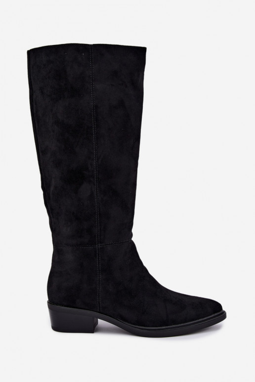 Schwarze warme Wildleder-Überknie-Stiefel mit niedrigem Absatz Philomene