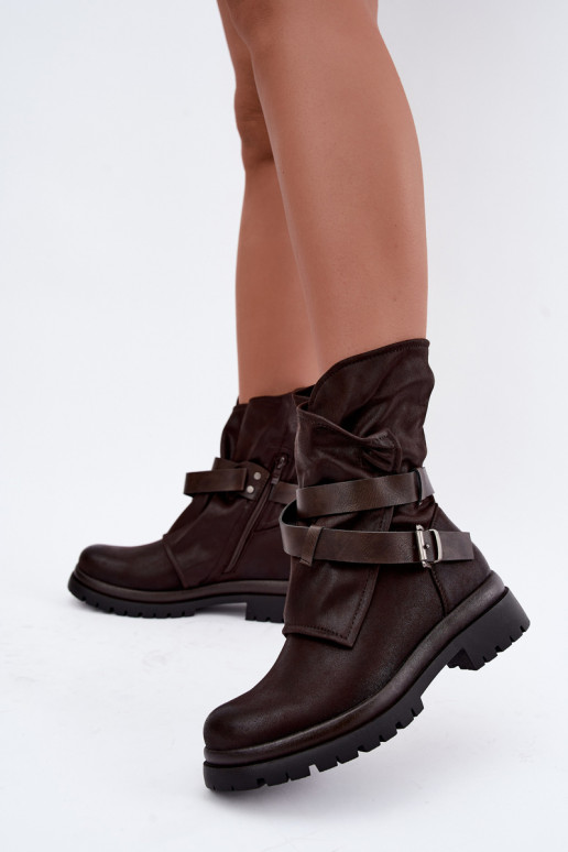 Schokoladenfarbene Damen-Stiefeletten mit Riemen und Schnallen Dianelle