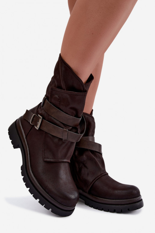 Schokoladenfarbene Damen-Stiefeletten mit Riemen und Schnallen Dianelle