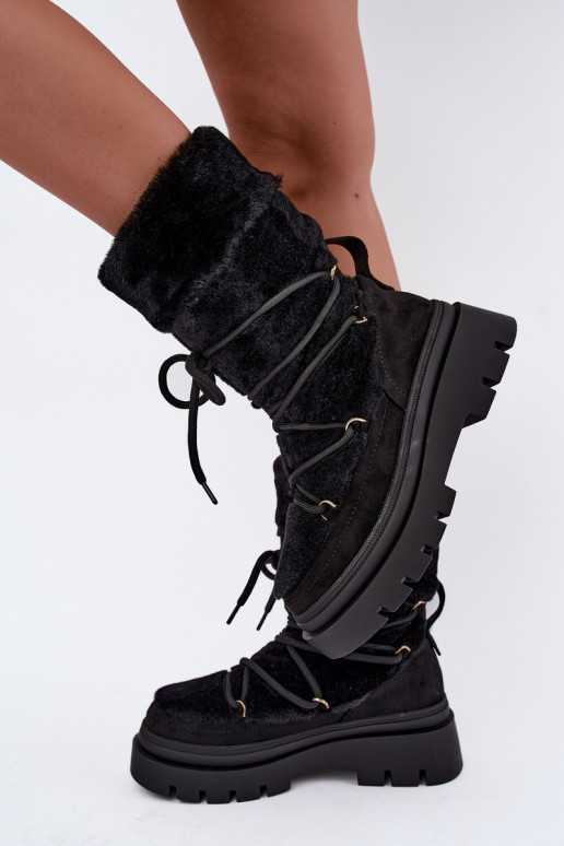 Schwarze Schneestiefel mit Fell und Plattform Illyria