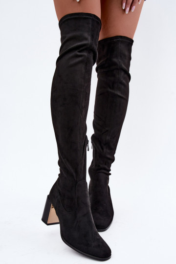 Schwarze Wildleder-Überknie-Stiefel mit Absatz Primelle